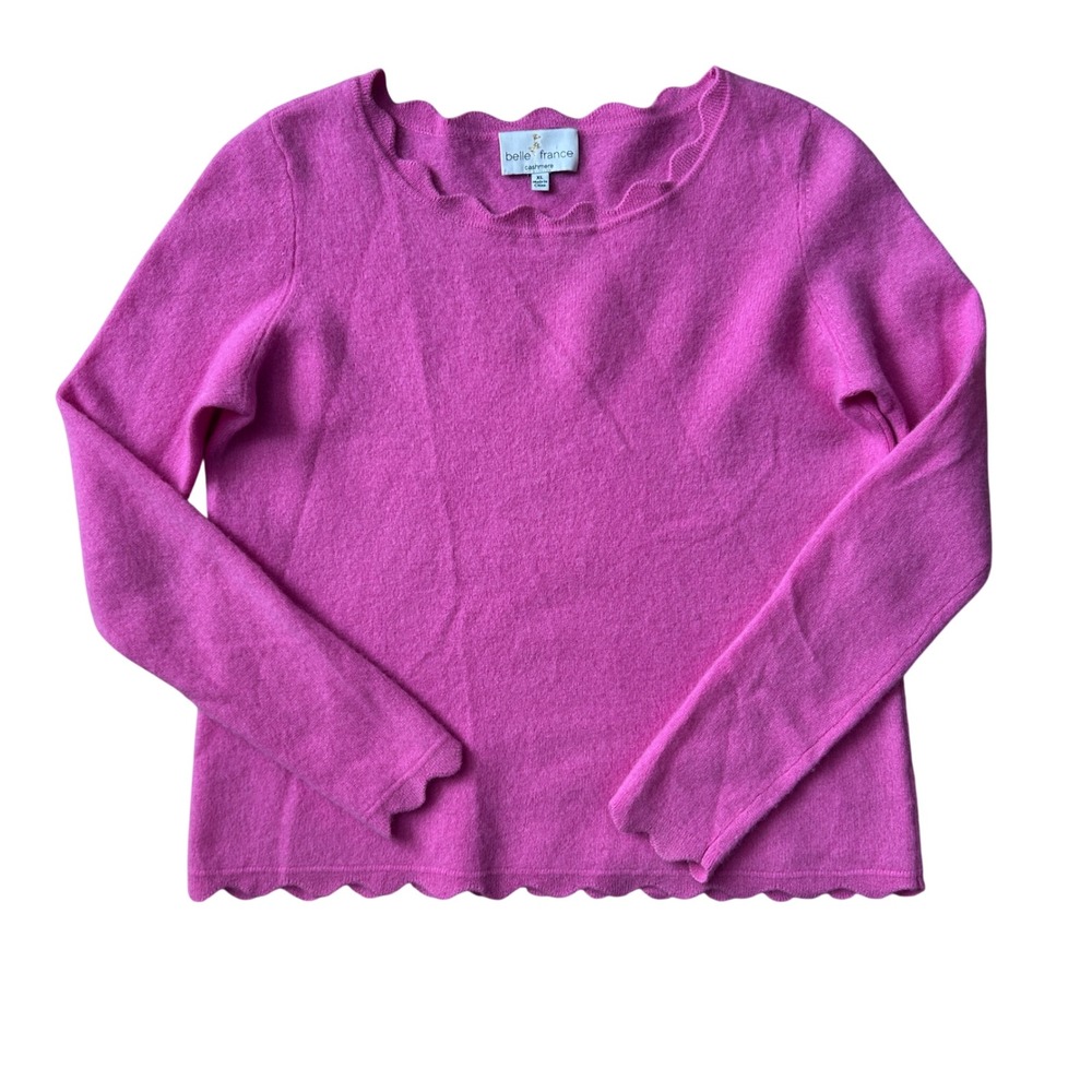 Belle France Preppy Cashmere Scalloped Sweater Magenta Pink XL Long Sleeve